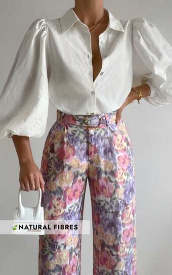 Amalie The Label - Aldina Linen Blend High Waisted Belted Straight Leg Pants in Aurora Print