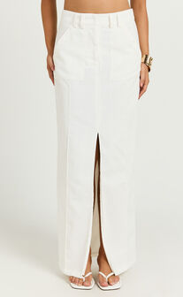 Bethany Maxi Skirt - High Waist Linen Front Split Cargo Skirt in Off White