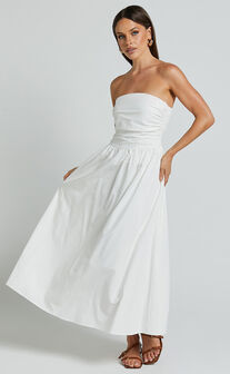 Polly Midi Dress - Strapless Ruched Dress in White
