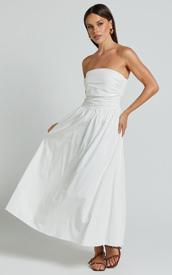 Polly Midi Dress - Strapless Ruched Dress in White