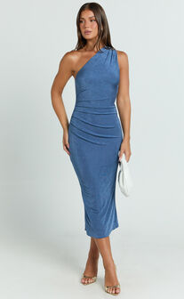 Arietty Midi Dress - One Shoulder Asymmetrical Ruched Dress in Steel Blue