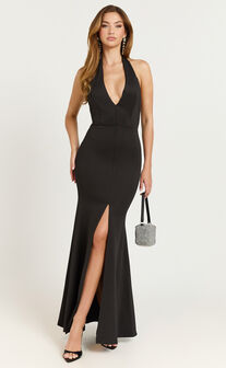 Moana Maxi Dress - Halter Plunge Front Split Dress in Black