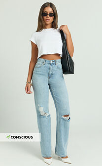 Miho Jeans - High Waisted Recycled Cotton Distressed Straight Leg Denim Jeans in Mid Blue Wash