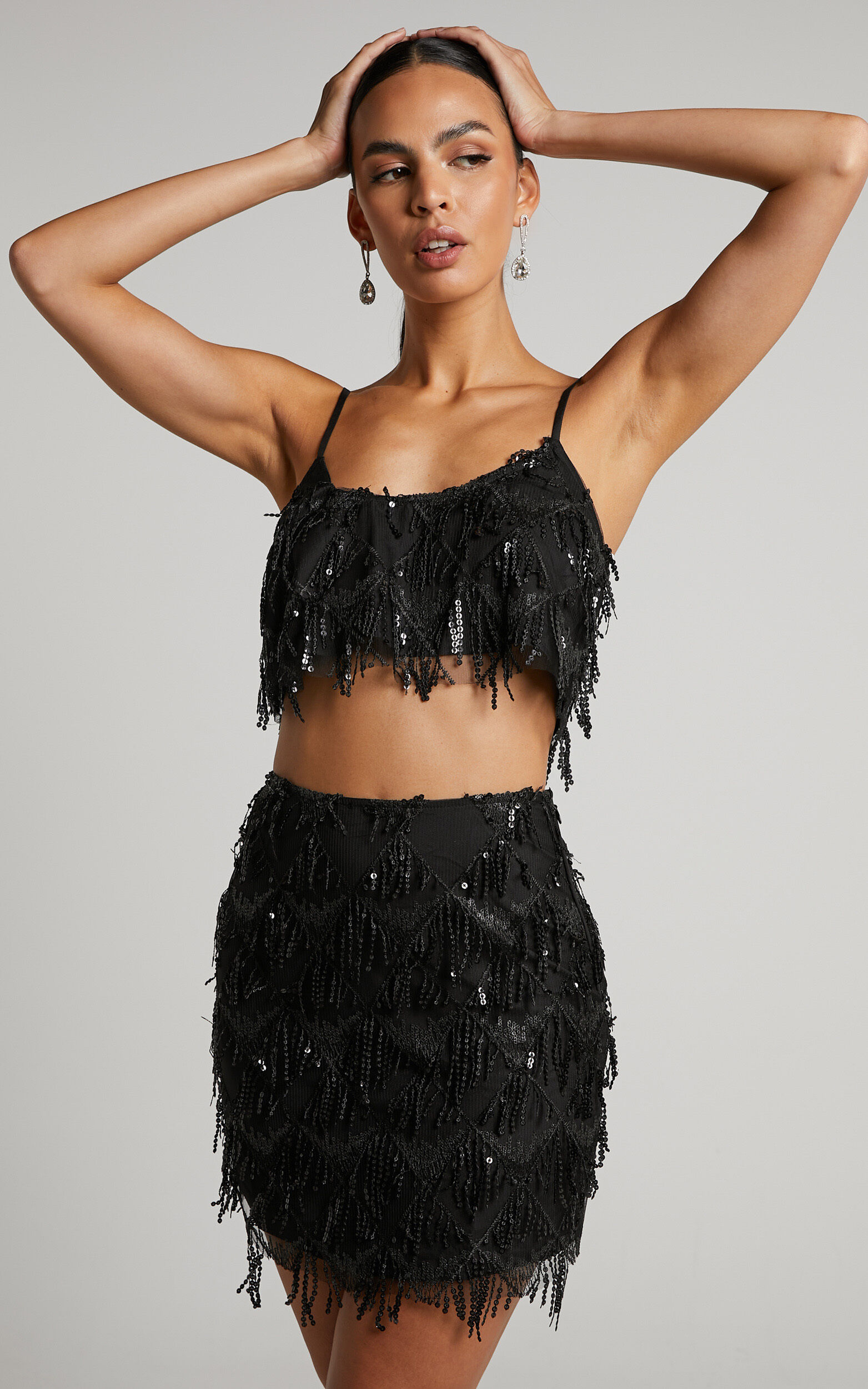 Khrizza Top - Sequin Diamond Mesh Cropped Cami Top in Black - 06, BLK1