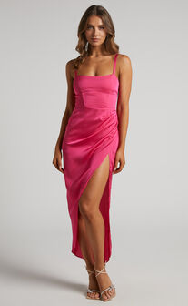 Cirilla Midi Dress - Thigh Split Corset Panelled Dress in Pink