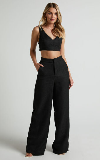 Adelaide Two Piece Set - Crop Top and Wide Leg Pants Set in Black