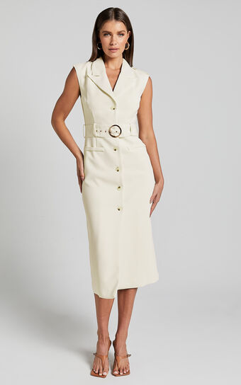 Anthurium Midi Dress - Sleeveless Belted Blazer Dress in Cream