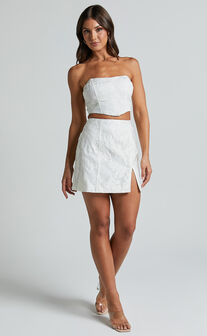 Brailey Mini Skirt - Split Jacquard Skirt in White