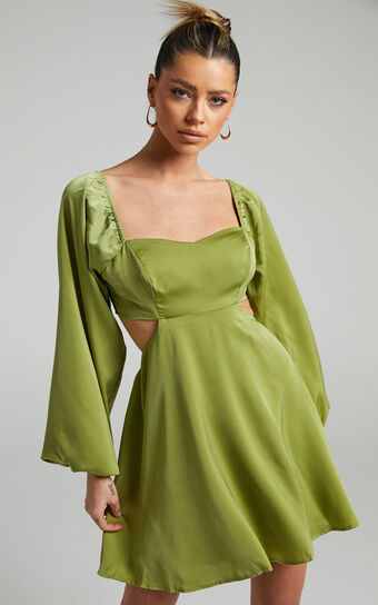 Dolci Mini Dress - Cut Out Long Sleeve Dress in Green