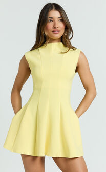 Becky Mini Dress - High Neck Sleeveless Fit And Flare Dress in Lemon