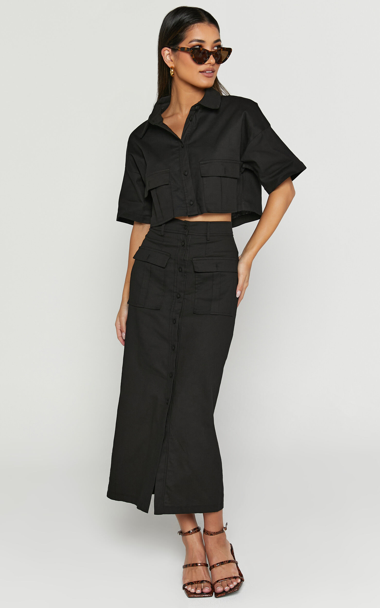 Davina Two Piece Set - Button Front Top and Midi Skirt Set in Black - 04, BLK1