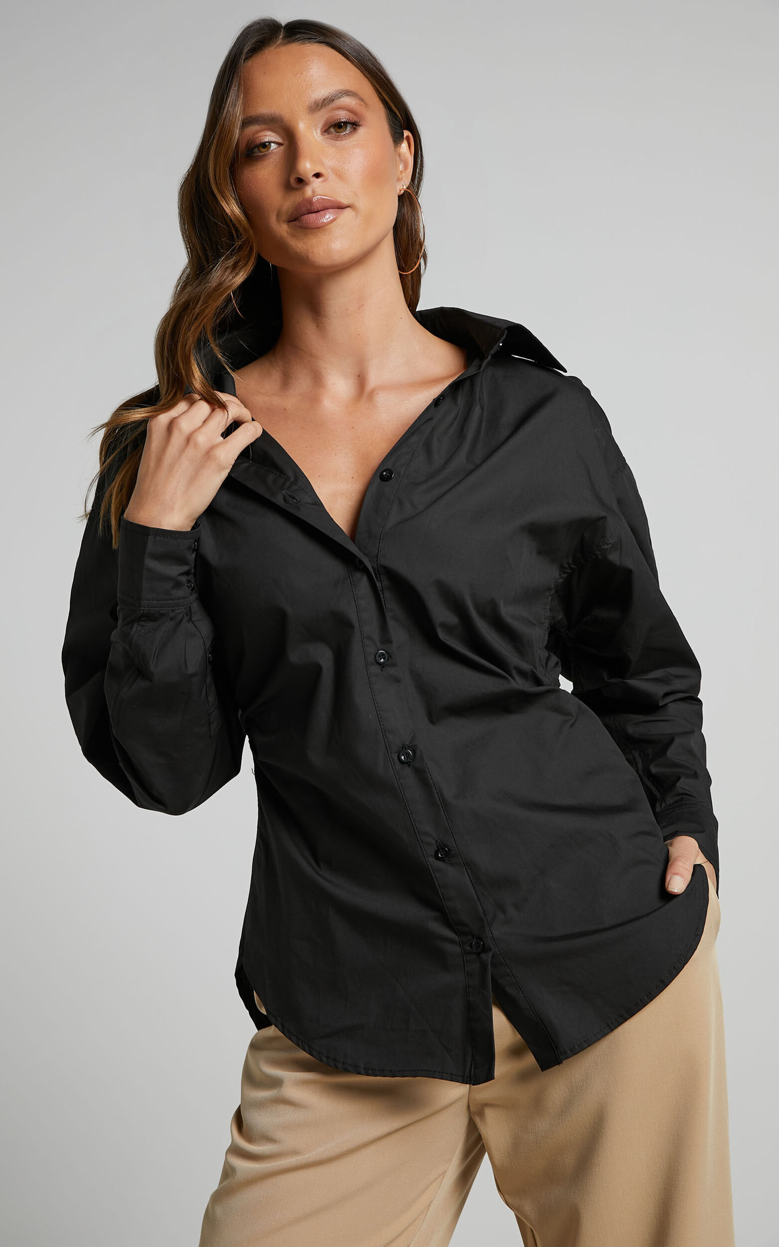 Tiva Shirt - Long Sleeve Fitted Button Up Shirt in Black - 06, BLK1
