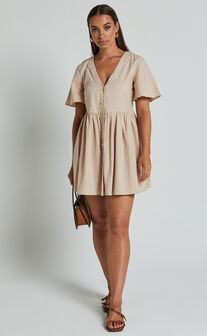 Staycation Mini Dress - Smock Button Up Dress in Beige