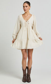 Chaney Mini Dress - Long Sleeve Tie Front Smock Dress in Ivory