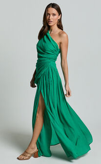 Darcy Maxi Dress - One Shoulder Side Cut Out Gathered Dress in Green