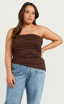 Faye Top - Asymmetric Gathered Strapless Top in Chocolate