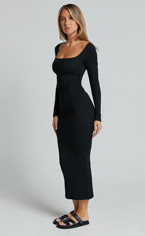Lucy Midi Dress - Ribbed Side Ruched Bodycon Dress in Black