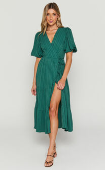 Junmae Midi Dress - Tiered Waffle Wrap Dress in Forest Green