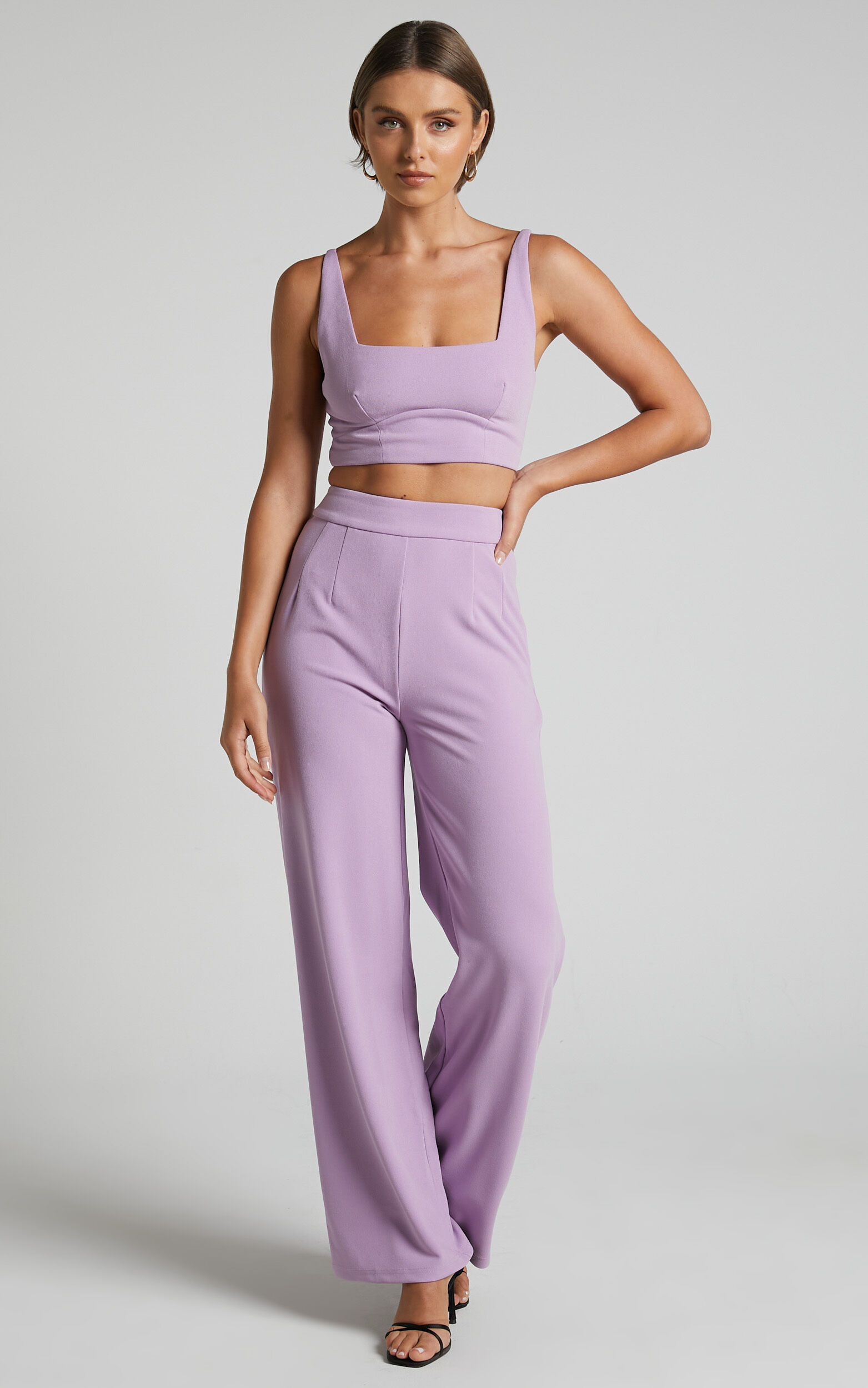 Plus Size Lilac 2 Piece Co Ord Set With Mid Length Top & Wide Leg