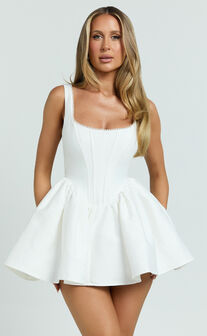 Kaitlyn Mini Dress - Corset Front Gathered Dress in Ivory