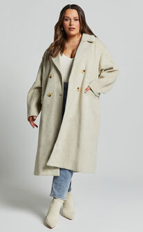 Libee Coat - Double Breasted Longline Coat in Oatmeal