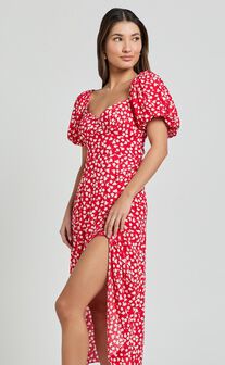 Carlyn Midi Dress - Sweetheart Puff Sleeve Wrap Dress in Red Floral