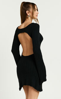 Shia Mini Dress - Backless Knitted Boat Neck Long Sleeve Dress in Black