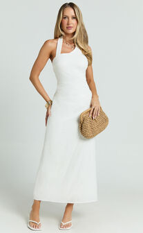 Lindley Midi Dress - Halter Neck Linen Look Dress in White