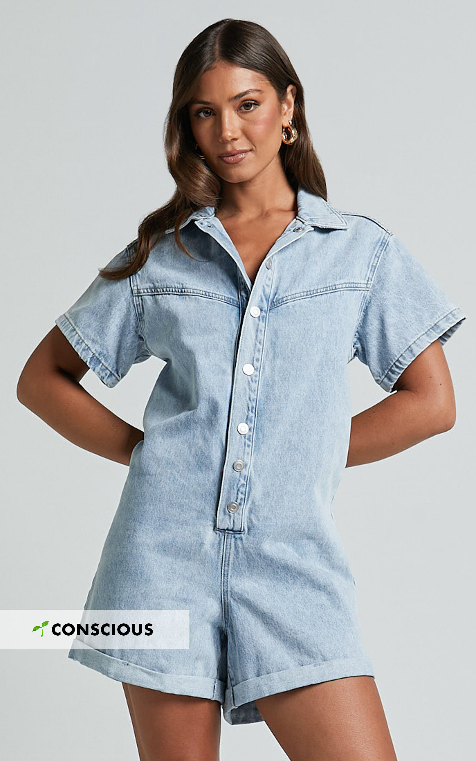 Reid Playsuit - Button Through Denim Playsuit in Light Blue Wash - 06, BLU1
