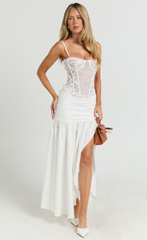 Solange Midi Skirt -  Mid Waisted Thigh High Leg Split Skirt in White