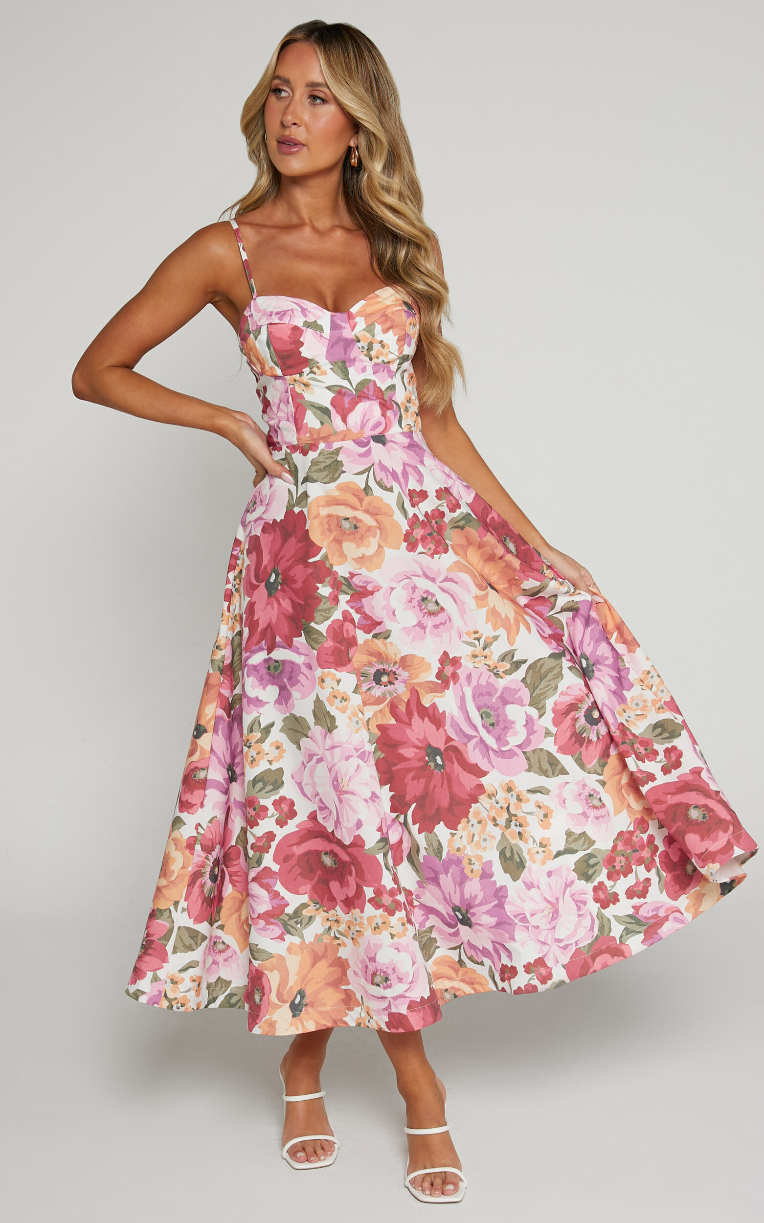 Robertson Midi Dress - Strappy Sweetheart Bustier Flare Dress in Spring  Floral