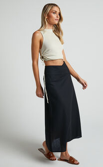 Sundry Midi Skirt - Linen Look High Waisted Cross Front Detail Skirt in Black