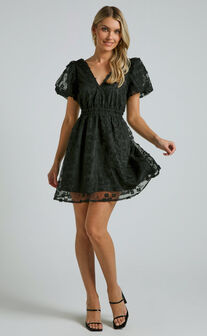 Marciana Mini Dress - V Neck Puff Sleeve With Lace Dress in Black