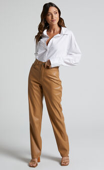 Dilyenne Pant - Mid Waist Straight Leg Faux Leather Pant in Beige
