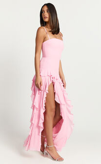 Solange Maxi Dress - Ruffle Hem Strapless Dress in Frost Pink