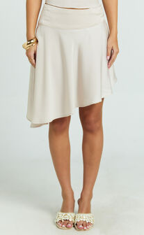 Eugenia Midi Skirt - Mid Waisted Asymmetric Satin Skirt in Cream