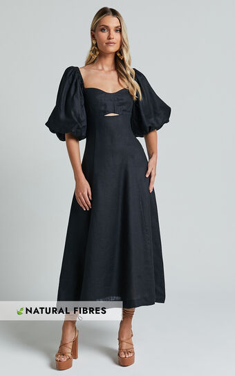 Amalie The Label - Catalina Linen Blend Sweetheart Balloon Sleeve Midi Dress in Black