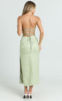 Indiana Midi Dress - Jacquard Square Neck Lace Back Fitted Dress in Green