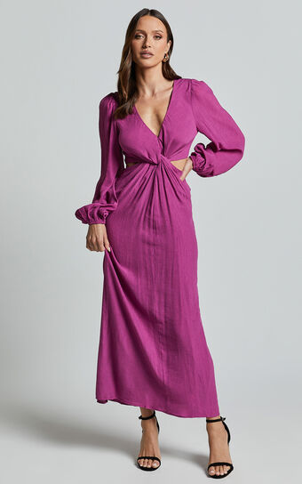 Harriet Midi Dress - Blouson Sleeve Cut Out Dress in Mulberry