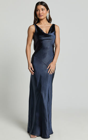 Adilah Maxi Dress - Cowl Neck Satin Dress in Navy