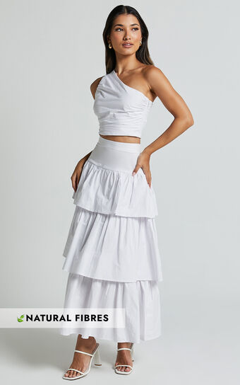 Kaycie Two Piece Set One Shoulder Asymmetrical Ruched Top and Tiered Midi Skirt
