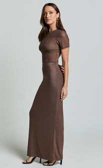 Janet Top and Skirt Two Piece Set - Short Sleeve Midi Skirt in Chocolate