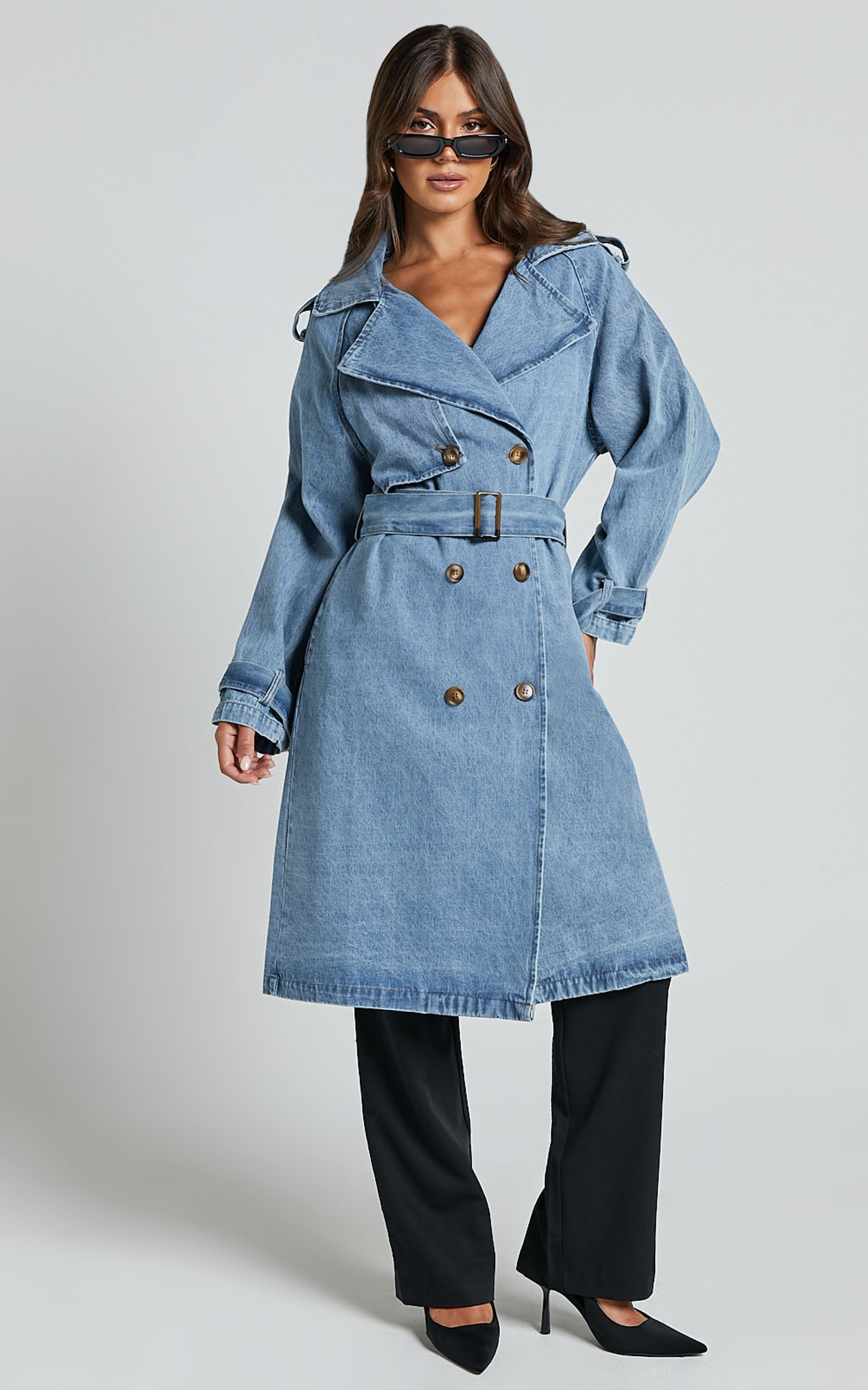 Vinnie Trench Coat Denim Washed Trench Coat in Mid Blue
