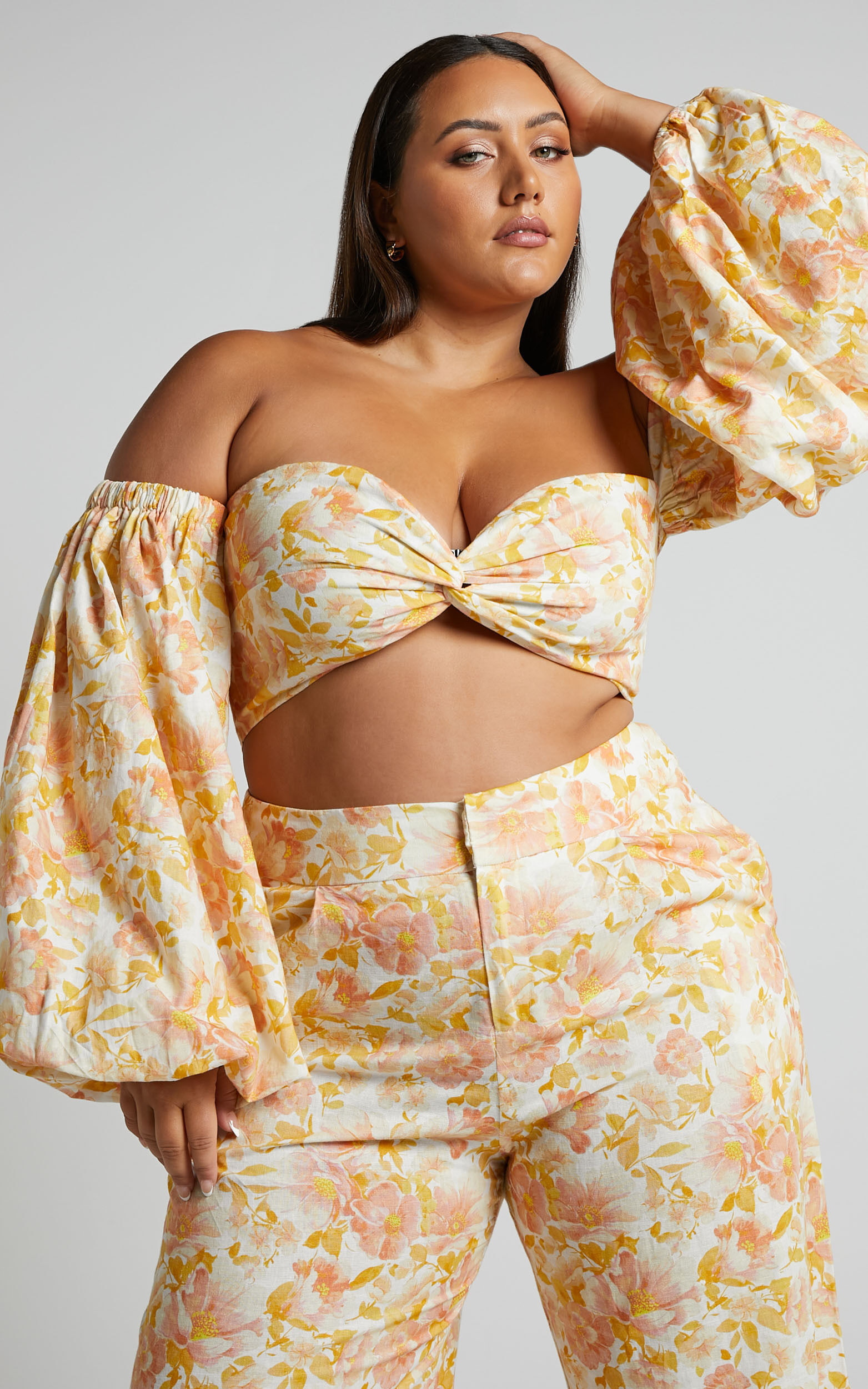 Amalie The Label Emerita Linen Blend Off Shoulder Puff Sleeve Twist Crop Top in Sierra Floral