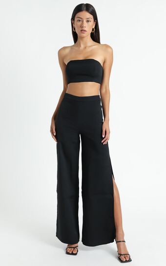 I'm The One Two Piece Set - Strapless Crop Top and Pant Set in Black