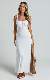 Lucas Midi Dress - Ruched Bust Linen Look Dress in White | Showpo USA