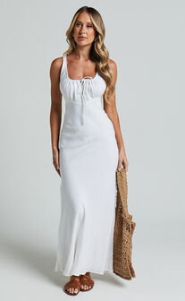 Lucas Midi Dress - Ruched Bust Linen Look Dress in White