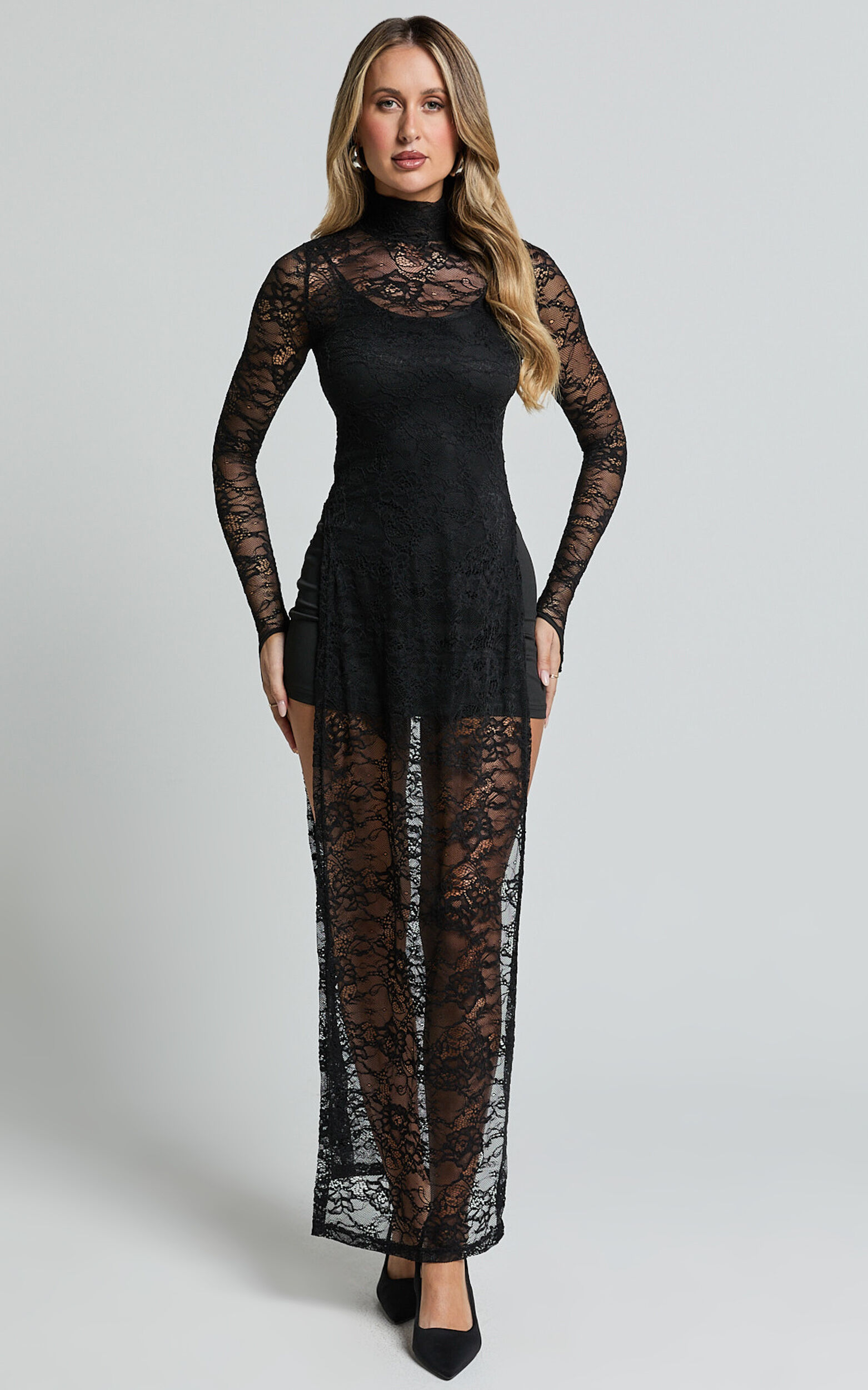 Yvette Midi Dress High Neck Long Sleeve Slip Dress in Black Showpo EU