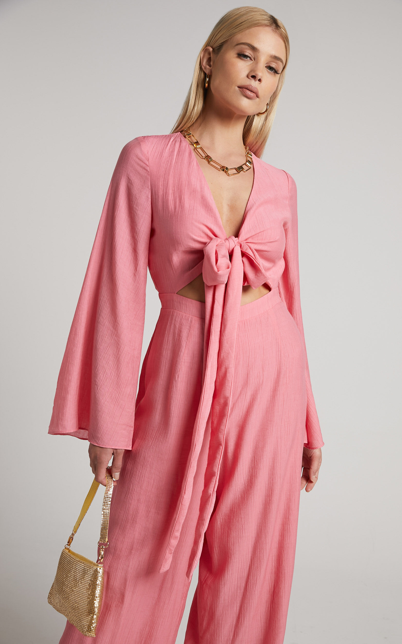 Pink tie front jumpsuit store