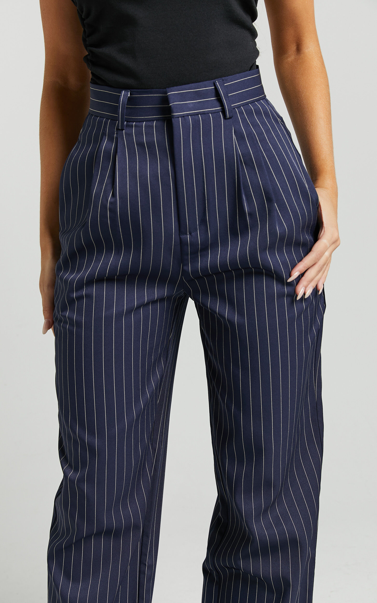 Navy blue pinstripe pants on sale